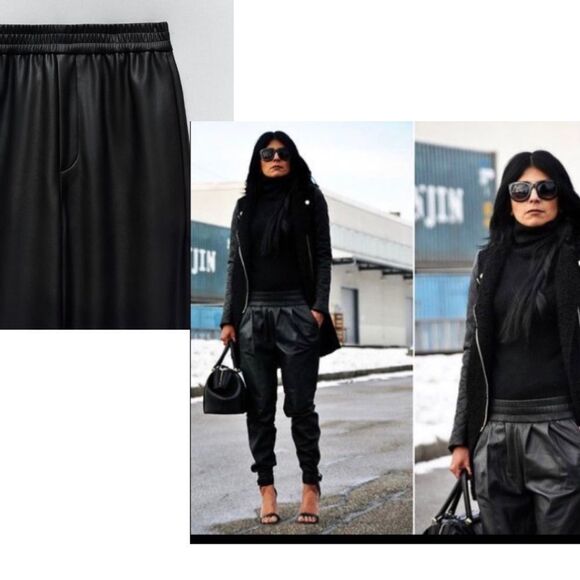 Zara black faux leather vegan joggers pull on Sz M - Picture 2 of 12